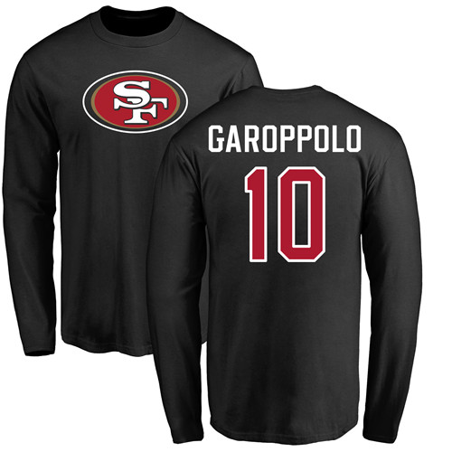 Men San Francisco 49ers Black Jimmy Garoppolo Name and Number Logo #10 Long Sleeve NFL T Shirt->san francisco 49ers->NFL Jersey